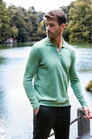 Erkek Regular Fit Düz Renk Polo Kaleci Yaka Uzun Kollu Triko Kazak