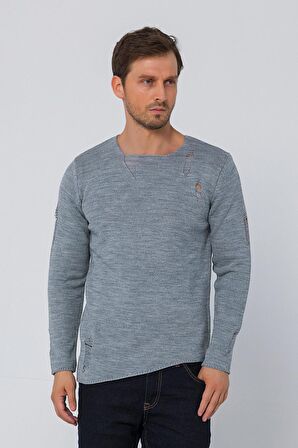 Erkek Bisiklet Yaka Yırtık Detaylı Kalın Triko Kazak