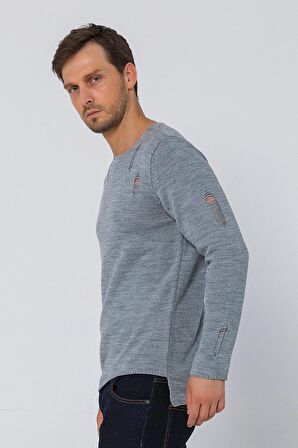 Erkek Bisiklet Yaka Yırtık Detaylı Kalın Triko Kazak