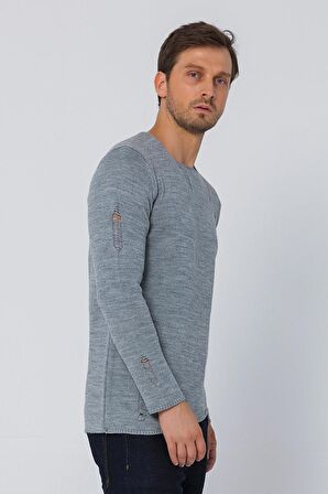 Erkek Bisiklet Yaka Yırtık Detaylı Kalın Triko Kazak