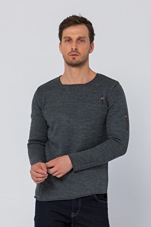 Erkek Bisiklet Yaka Yırtık Detaylı Kalın Triko Kazak