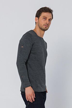 Erkek Bisiklet Yaka Yırtık Detaylı Kalın Triko Kazak