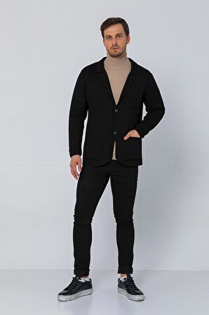 CEKMON Erkek Regular Fit Çok Cepli Düğmeli Astarsız Örme Blazer Rahat Ceket