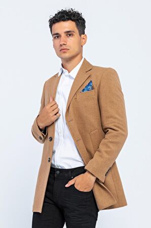 Erkek Slim Fit Düz Renk Astarlı Kışlık Yünlü Klasik Kaşe Kaban