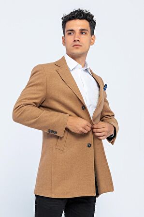 Erkek Slim Fit Düz Renk Astarlı Kışlık Yünlü Klasik Kaşe Kaban