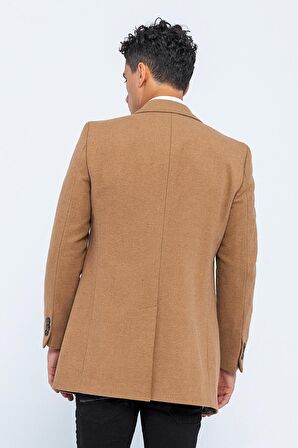 Erkek Slim Fit Düz Renk Astarlı Kışlık Yünlü Klasik Kaşe Kaban
