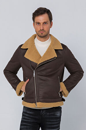 Erkek Regular Fit İçi Yünlü Fermuar Detaylı Deri İşçilikli Klasik Napa Deri Mont