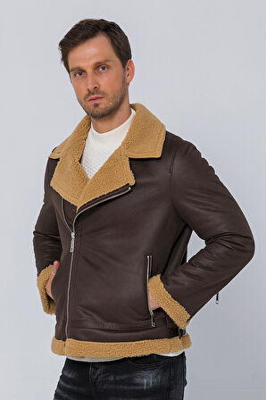 Erkek Regular Fit İçi Yünlü Fermuar Detaylı Deri İşçilikli Klasik Napa Deri Mont