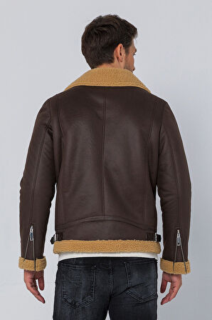 Erkek Regular Fit İçi Yünlü Fermuar Detaylı Deri İşçilikli Klasik Napa Deri Mont