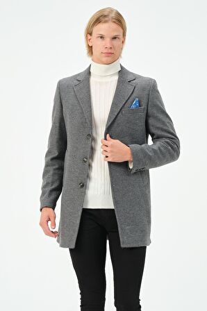 Erkek Slim Fit Düz Renk Astarlı Kışlık Yünlü Klasik Kaşe Kaban