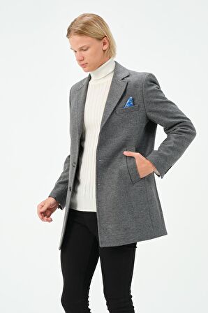 Erkek Slim Fit Düz Renk Astarlı Kışlık Yünlü Klasik Kaşe Kaban