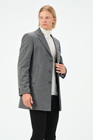 Erkek Slim Fit Düz Renk Astarlı Kışlık Yünlü Klasik Kaşe Kaban