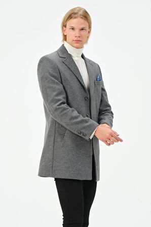 Erkek Slim Fit Düz Renk Astarlı Kışlık Yünlü Klasik Kaşe Kaban