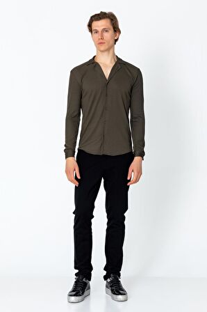 Erkek Regular Fit Rahat Giyim Apaş Yaka Yırtmaçlı Gömlek