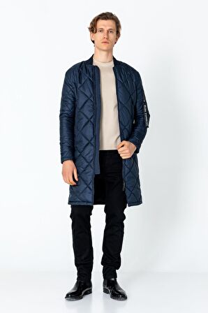 Erkek Regular Fit Kışlık Çok Cepli Çift Yön Fermuarlı Bomber Yaka Uzun Kapitone Şişme Mont