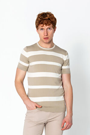 Erkek Fit Rahat Altı Kolları Lastikli Bisiklet Yaka Çizgili Triko T-Shirt