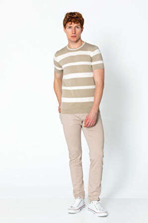 Erkek Fit Rahat Altı Kolları Lastikli Bisiklet Yaka Çizgili Triko T-Shirt