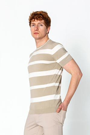 Erkek Fit Rahat Altı Kolları Lastikli Bisiklet Yaka Çizgili Triko T-Shirt