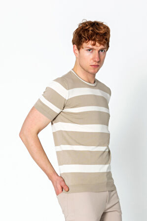 Erkek Fit Rahat Altı Kolları Lastikli Bisiklet Yaka Çizgili Triko T-Shirt