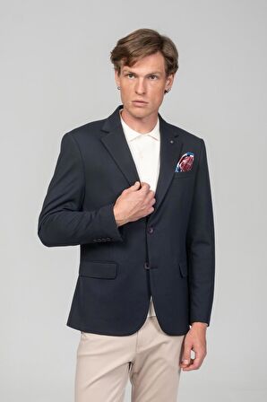 CEKMON Erkek Astarlı Çift Yırtmaçlı Örme Esnek Kumaşdan Yakası Ve Mendili Detaylı Klasik Ceket