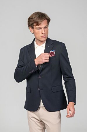 CEKMON Erkek Astarlı Çift Yırtmaçlı Örme Esnek Kumaşdan Yakası Ve Mendili Detaylı Klasik Ceket