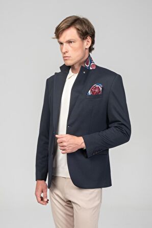 CEKMON Erkek Astarlı Çift Yırtmaçlı Örme Esnek Kumaşdan Yakası Ve Mendili Detaylı Klasik Ceket