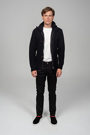 Erkek Kalın Örgülü Kışlık Önü Fermuarlı Ve Fildişi Detaylı  Triko Hırka