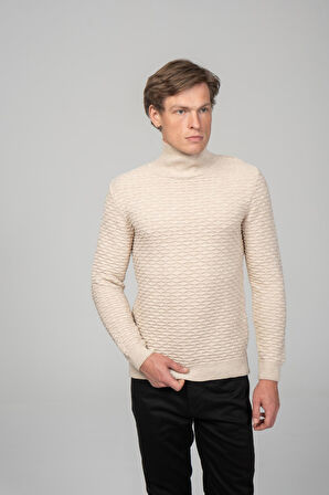 Erkek Yanı Fermuarlı Kendinden Desenli Kışlık Boğazlı Kazak