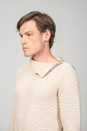 Erkek Yanı Fermuarlı Kendinden Desenli Kışlık Boğazlı Kazak