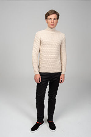 Erkek Yanı Fermuarlı Kendinden Desenli Kışlık Boğazlı Kazak