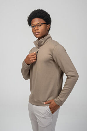 Erkek Regular Fit Teknolojik Kumaş İpeksi Pamuk Yarım Fermuarlı Sweatshirts