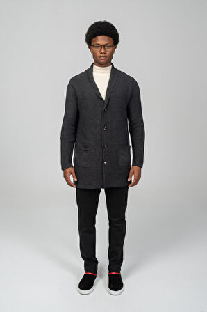 Erkek Regular Fit Düğmeli Cepli Örme Uzun Triko Hırka