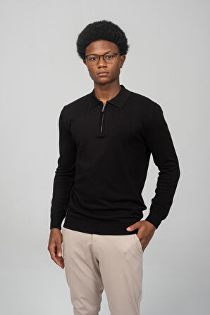 Erkek Polo Yaka Fermuarlı Yumuşak Dokulu Triko Kazak