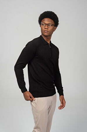 Erkek Polo Yaka Fermuarlı Yumuşak Dokulu Triko Kazak