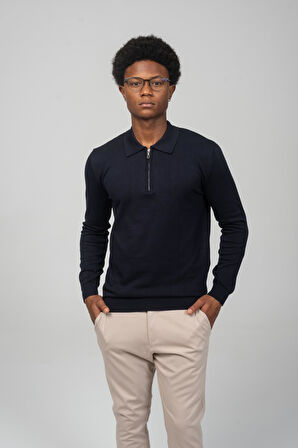 Erkek Polo Yaka Fermuarlı Yumuşak Dokulu Triko Kazak