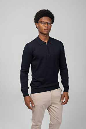 Erkek Polo Yaka Fermuarlı Yumuşak Dokulu Triko Kazak