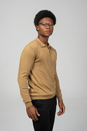 Erkek Polo Yaka Fermuarlı Yumuşak Dokulu Triko Kazak