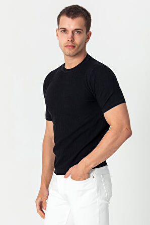 Erkek Bisiklet Yaka Kendinden Desenli Viscon Elit  İplikten Triko T-shirt