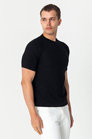 Erkek Bisiklet Yaka Kendinden Desenli Viscon Elit  İplikten Triko T-shirt