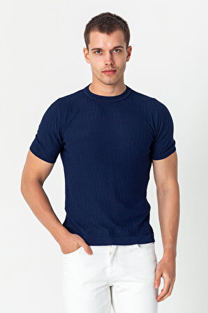 Erkek Bisiklet Yaka Kendinden Desenli Viscon Elit  İplikten Triko T-shirt