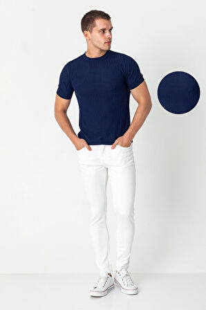 Erkek Bisiklet Yaka Kendinden Desenli Viscon Elit  İplikten Triko T-shirt