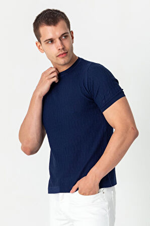 Erkek Bisiklet Yaka Kendinden Desenli Viscon Elit  İplikten Triko T-shirt