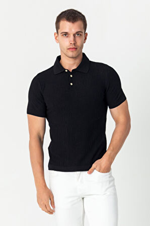 Erkek Polo Yaka Kendinden Desenli Viscon Elit İplikten Triko T-shirt