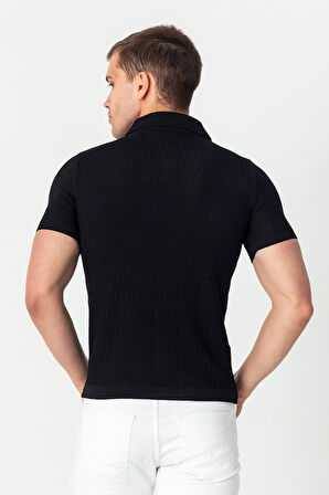 Erkek Polo Yaka Kendinden Desenli Viscon Elit İplikten Triko T-shirt