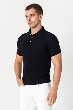 Erkek Polo Yaka Kendinden Desenli Viscon Elit İplikten Triko T-shirt