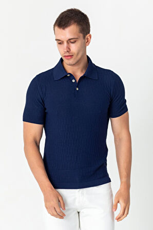 Erkek Polo Yaka Kendinden Desenli Viscon Elit İplikten Triko T-shirt