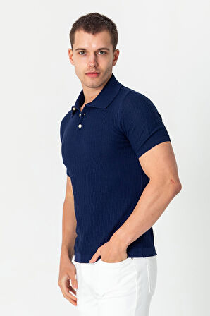 Erkek Polo Yaka Kendinden Desenli Viscon Elit İplikten Triko T-shirt