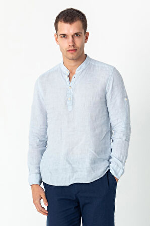 Comfort Fit Rahat Kesim 4 Düğmeli Hakim Yaka Yüzde Yuz Keten Kumaşdan Rahat Gömlek