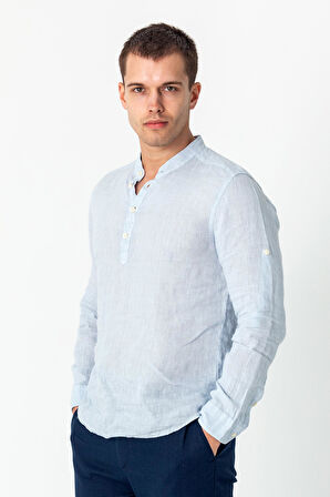 Comfort Fit Rahat Kesim 4 Düğmeli Hakim Yaka Yüzde Yuz Keten Kumaşdan Rahat Gömlek