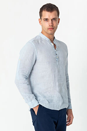 Comfort Fit Rahat Kesim 4 Düğmeli Hakim Yaka Yüzde Yuz Keten Kumaşdan Rahat Gömlek